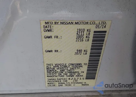 2014 Nissan Altima 2.5 Sv z USA, uszkodzony, nr VIN 1N4AL3AP1EC421715